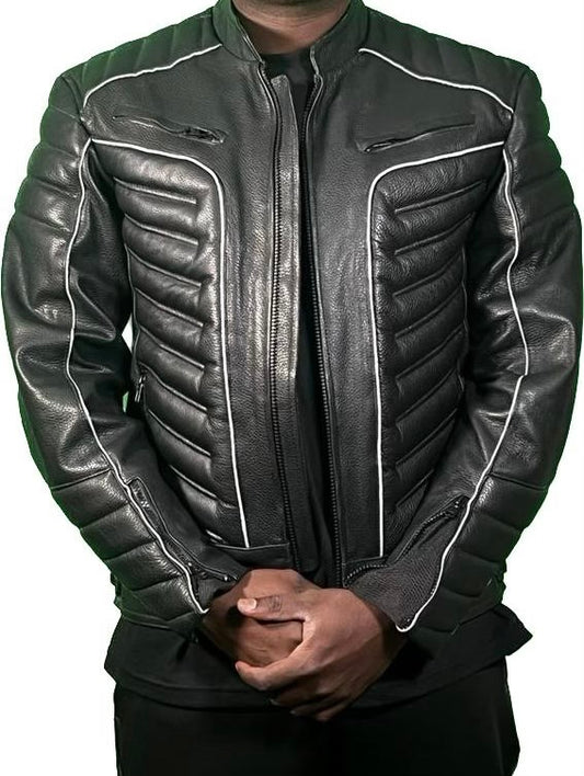 Men's Smooth Black Leather Jacket/white lining/ MEN